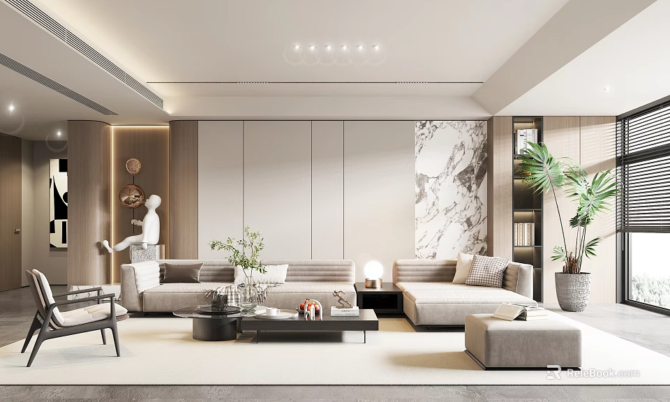 Modern Living Room Interior Design With Sofa Coffee Table Wall Art And Potted Plant 3d model 