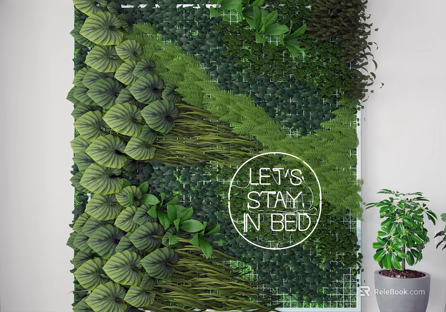 Lush Green Plant Wall with Leafy Foliage and Let's Stay In Bed Text and Potted Plant 3d model 