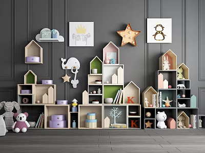 Colorful House Shaped Decorative Cabinets In Kids Room With Toys Decorations And Storage 3d model