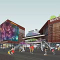 Modern Commercial Street With Brauhaus Building Red Facade Glass Windows And Pedestrians