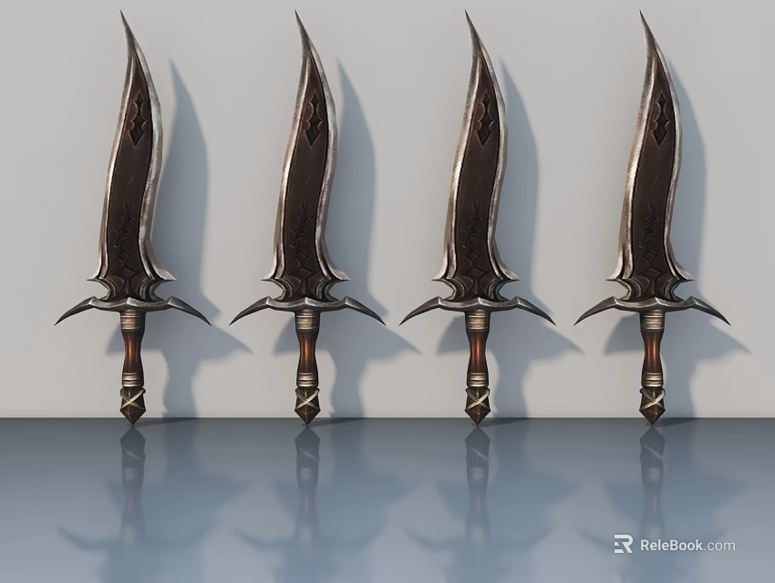 Four Decorative Metallic Swords With Ornate Blades And Brown Handles Arranged With Surface Reflection 3d model 