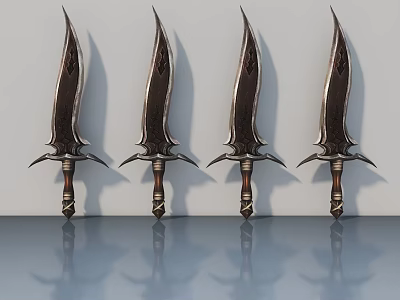 Four Decorative Metallic Swords With Ornate Blades And Brown Handles Arranged With Surface Reflection 3d model