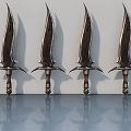 Four Decorative Metallic Swords With Ornate Blades And Brown Handles Arranged With Surface Reflection
