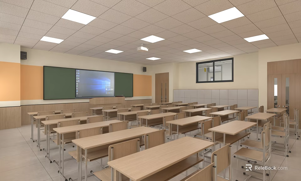 School Classroom Interior With Desks Chairs Blackboard Projection Screen And Lighting 3d model 
