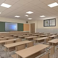 School Classroom Interior With Desks Chairs Blackboard Projection Screen And Lighting 3d model