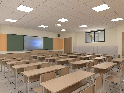 School Classroom Interior With Desks Chairs Blackboard Projection Screen And Lighting 3d model