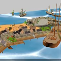 3D Rendered Coastal Scene Featuring Small Houses Wooden Dock Sailing Ship And Island