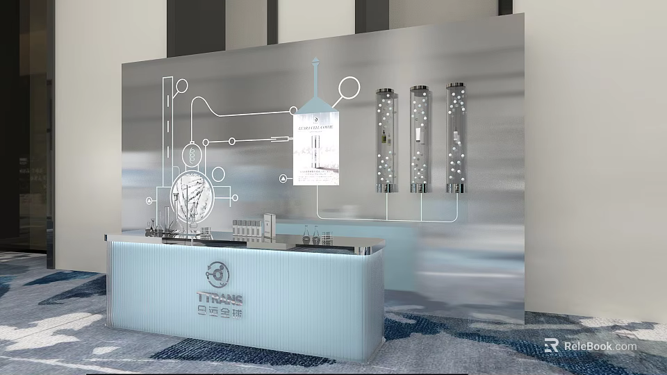 Modern Tech Background Wall Design With Line Icons Vertical Lights And Light Blue Reception Counter 3d model 