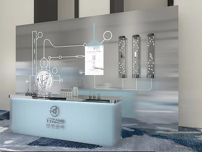 Modern Tech Background Wall Design With Line Icons Vertical Lights And Light Blue Reception Counter 3d model