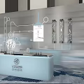 Modern Tech Background Wall Design With Line Icons Vertical Lights And Light Blue Reception Counter