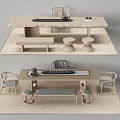 Modern Minimalist Tea Table And Chairs Design With Bench Stools And Tea Set 3d model