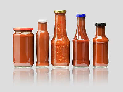Colorful Glass Condiment Bottles With Red Sauce And Different Caps On Gray Background 3d model