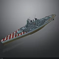 Warship 3D Model With Red And White Striped Hull Gray Body Multiple Turrets And Superstructure