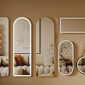 Various Shaped Decorative Mirrors Reflecting Sofa Plants And Vase In Modern Interior 3d model