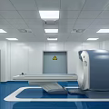 Cleanroom Interior With Blue Floor White Walls Workstation Chair Monitor And Warning Sign