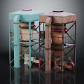 Industrial Processing Equipment With Blue And Brown Metal Frames Pipes And Platforms
