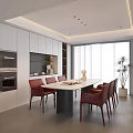 Modern Restaurant Interior With White Cabinets Red Chairs And Rectangular Dining Table 3d model