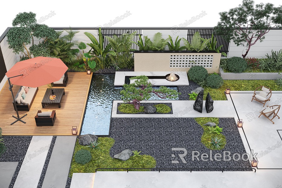 Courtyard Landscape Outdoor Sofa Flower Pool Landscape Plants Outdoor Lighting Waterscape model