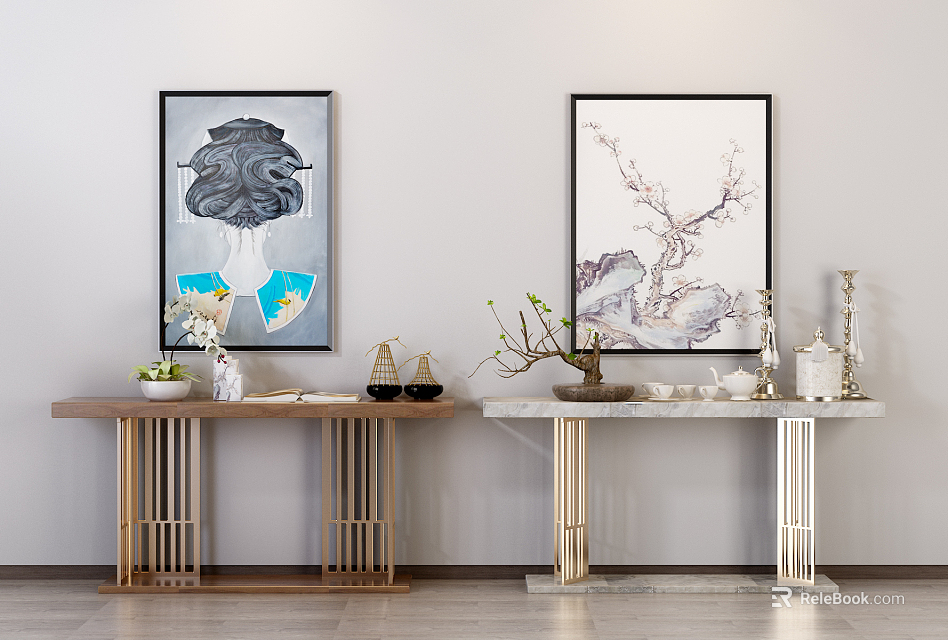 Elegant Console Table Setup With Framed Artworks Decorative Ornaments And Small Plants 3d model 