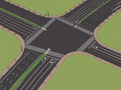 Modern Urban Roadway Intersection With Pedestrian Crossings Traffic Lanes And Green Medians 3d model