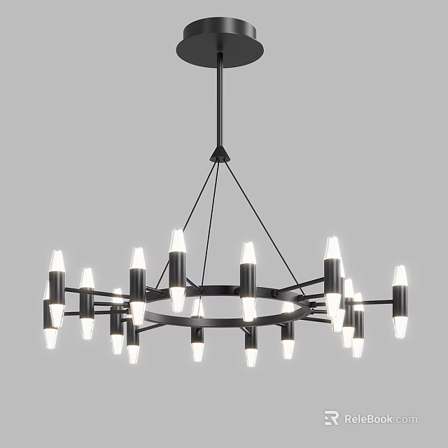 Modern Black Metal Chandelier with Circular Frame and Candle Style LED Lights 3d model 
