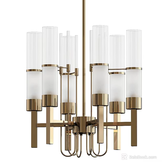 Elegant Modern Brass Chandelier Featuring Transparent Glass Tubes And White Shades 3d model 