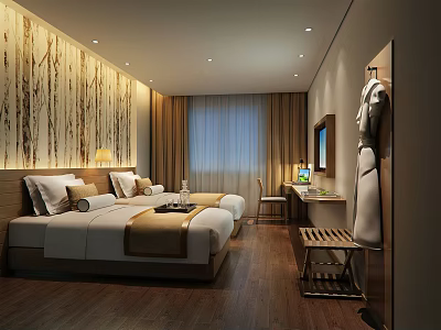 Hotel Room Interior With Twin Beds Wooden Walls Window Curtains Desk And Chair 3d model