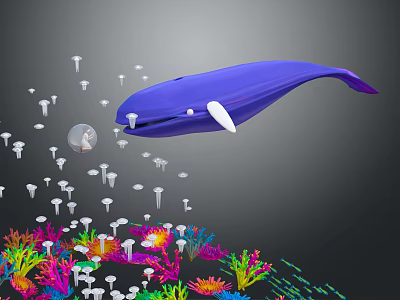 Small Humanoid Character in Transparent Sphere with Blue Whale White Mushroom Objects and Colorful Coral 3d model