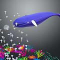 Small Humanoid Character in Transparent Sphere with Blue Whale White Mushroom Objects and Colorful Coral 3d model