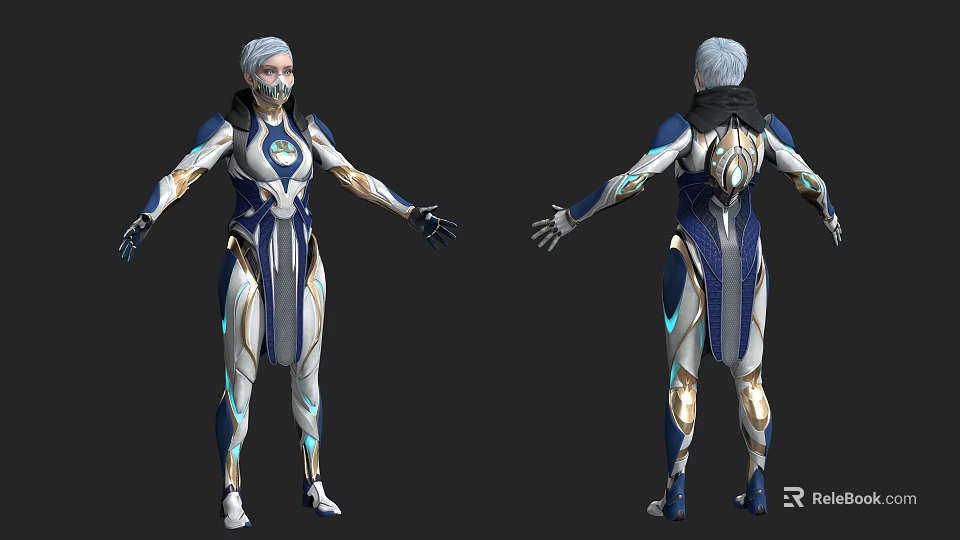 Futuristic Game Character With Blue White Costume And Glowing Armor Details 3d model 
