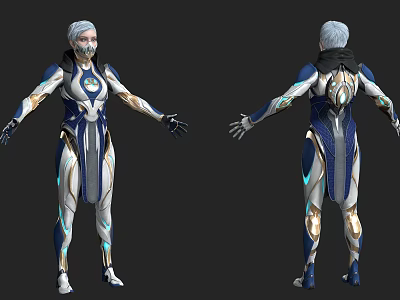 Futuristic Game Character With Blue White Costume And Glowing Armor Details 3d model