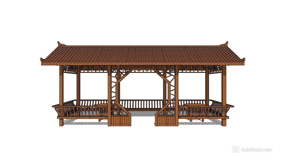 Traditional Chinese Wooden Pavilion With Curved Roof And Wooden Benches 3d model 