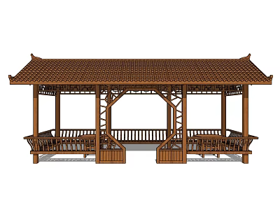 Traditional Chinese Wooden Pavilion With Curved Roof And Wooden Benches 3d model