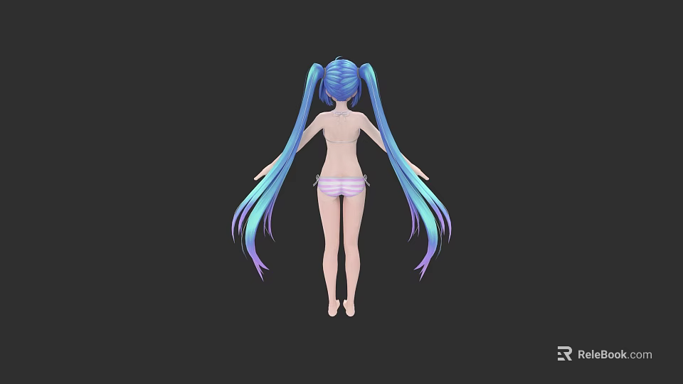 Game and Movie Female Character With Blue Gradient Twin Ponytails Back View 3d model 