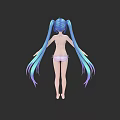 Game and Movie Female Character With Blue Gradient Twin Ponytails Back View