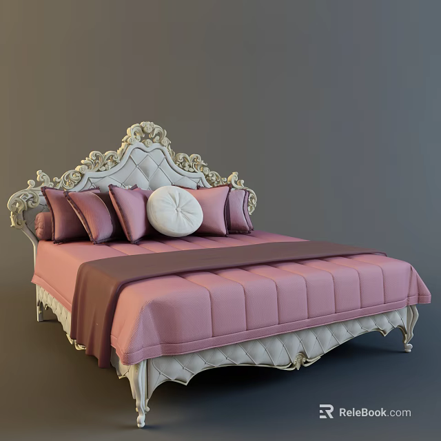 Elegant Double Bed With Carved Headboard Pink Bedspread Purple Pillows And Round White Cushion 3d model 