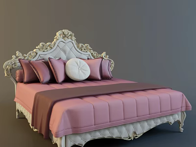 Elegant Double Bed With Carved Headboard Pink Bedspread Purple Pillows And Round White Cushion 3d model