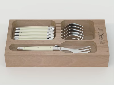 Wooden Box Tableware Set With White Handle Knives And Silver Forks Organized Storage 3d model