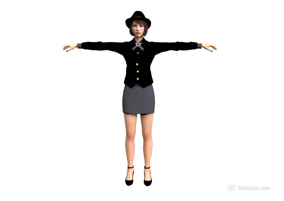 Woman In Black Jacket And Gray Skirt With Hat Standing Arms Outstretched In High Heels 3d model 
