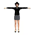 Woman In Black Jacket And Gray Skirt With Hat Standing Arms Outstretched In High Heels