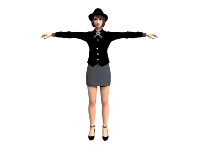 Woman In Black Jacket And Gray Skirt With Hat Standing Arms Outstretched In High Heels 3d model