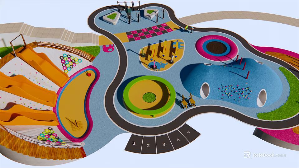 Vibrant Children's Play Area With Slides Climbing Structures And Circular Play Zones 3d model 
