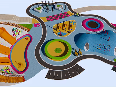 Vibrant Children's Play Area With Slides Climbing Structures And Circular Play Zones 3d model