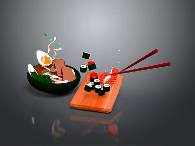 Fresh Fish Sushi On Wooden Cutting Board With Green Bowl And Chopsticks 3d model