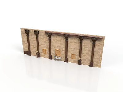 Classical Brick Wall Design With Dark Columns Square Panels And Central Cabinet 3d model
