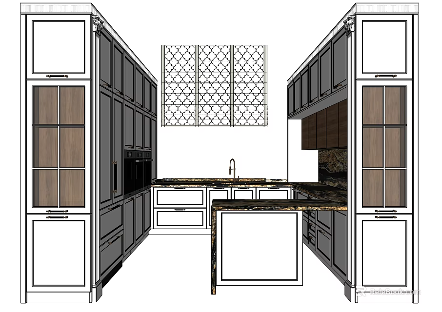 Modern Kitchen Interior With Lattice Window Island Counter And Wooden Glass Cabinets 3d model 
