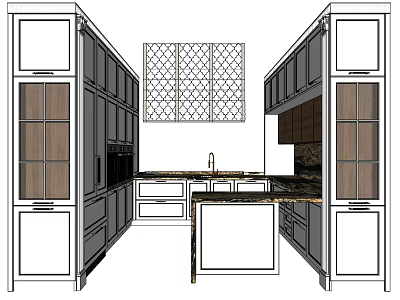 Modern Kitchen Interior With Lattice Window Island Counter And Wooden Glass Cabinets 3d model