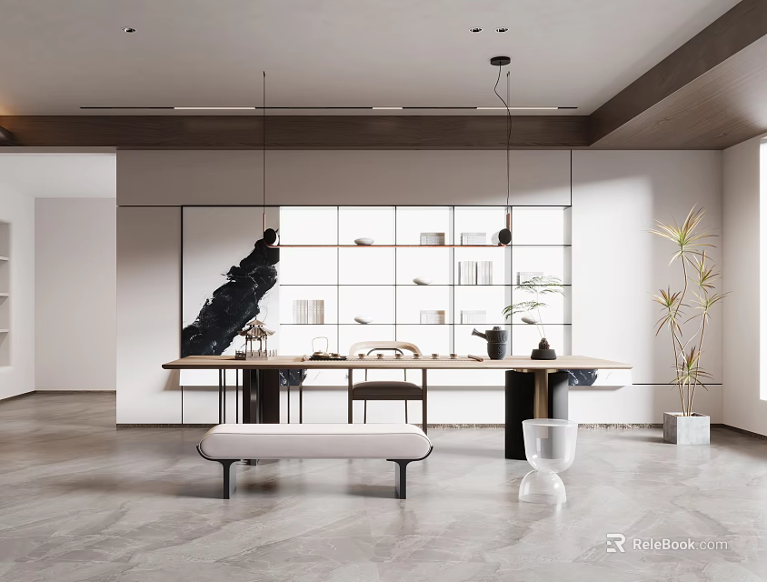 Modern Tea Room Interior Design With Long Table Tea Sets And Green Plants 3d model