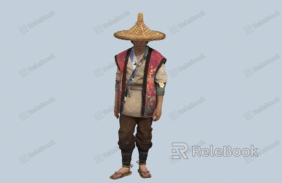 chinese man minority figure bamboo hat gourd jug male coir raincoat fisherman farmer model