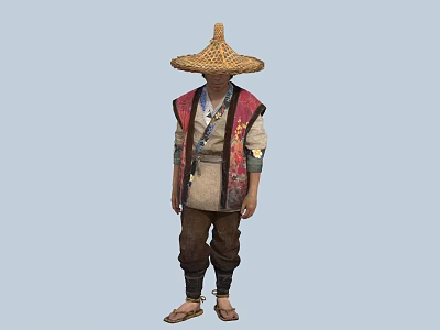 Man In Traditional Outfit With Straw Hat Red Vest Brown Pants And Straw Sandals 3d model Man In Traditional Outfit With Straw Hat Red Vest Brown Pants And Straw Sandals 3d model